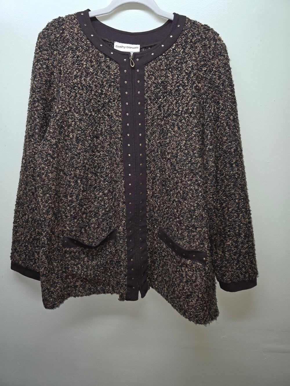 Cathy Daniels Marled Brown Full Zip Studded Cardigan Sweater